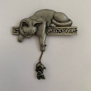 JJ Jonette Cat Mouse Brooch Silver Tone Dangling Mouse Vintage Signed